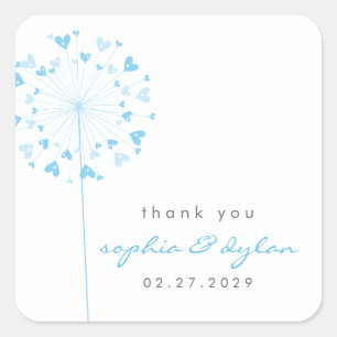 Blue Dandelion Flower Love Hearts Summer Wedding Square Sticker