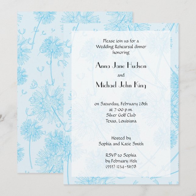Blue Dandelion Flowers, Floral Rehearsal Dinner Invitation (Front/Back)