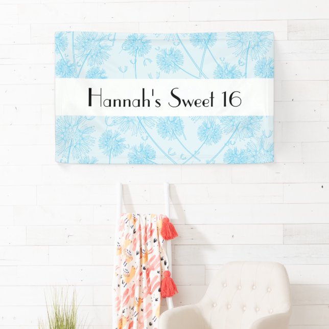 Blue Dandelion Flowers, Floral Sweet 16 Banner (Insitu)