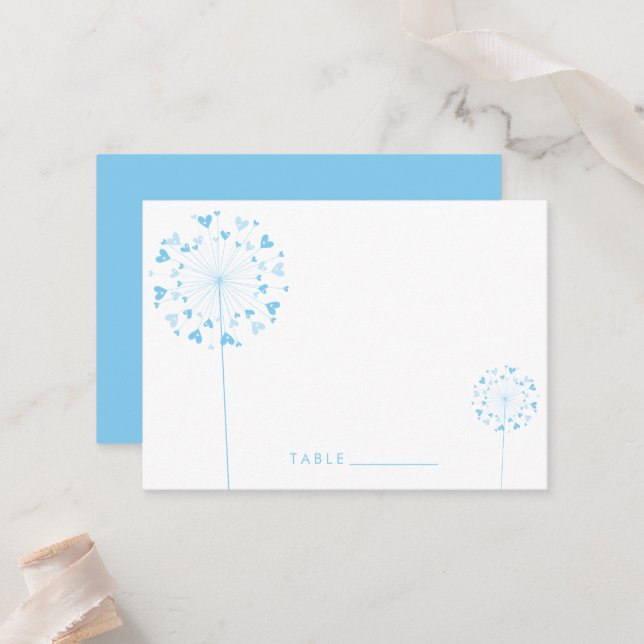 Blue Dandelion Flowers Love Hearts Summer Wedding Place Card (Front/Back In Situ)