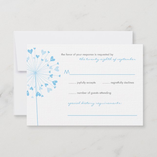 Blue Dandelion Flowers Love Wedding RSVP Card (Front)