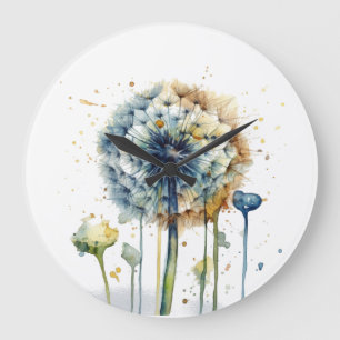 Blue dandelion ready to be blown in water colour large clock