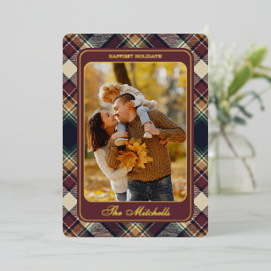 Blue Dark Green Red Plaid Pattern Gold Foil Holiday Card