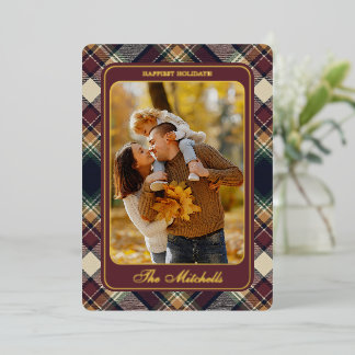 Blue Dark Green Red Plaid Pattern Gold Foil Holiday Card
