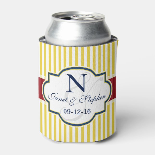Blue, Dark Red, Yellow Stripes Wedding Can Cooler (Can Front)