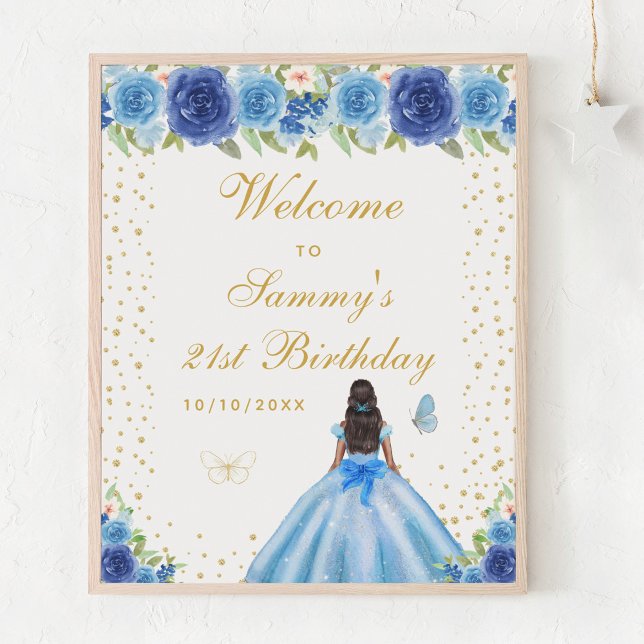 Blue Dark Skin Girl Birthday Party Welcome Poster (Creator Uploaded)