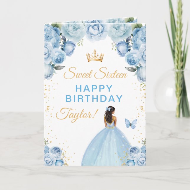 Blue Dark Skin Girl Sweet Sixteen Birthday Card (Front)
