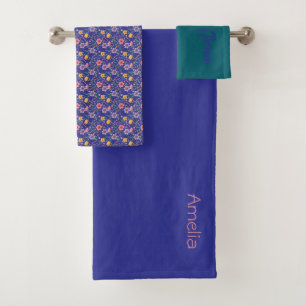 Blue  dark teal simple wildflower pattern name bath towel set