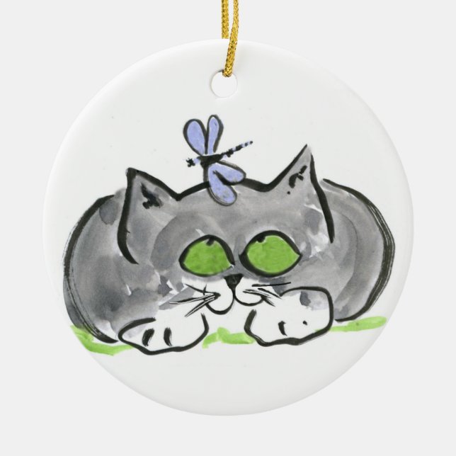 Blue Darning Needle and Grey Kitten Ceramic Tree Decoration (Front)