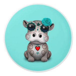 Blue Day of the Dead Baby Hippo Ceramic Knob