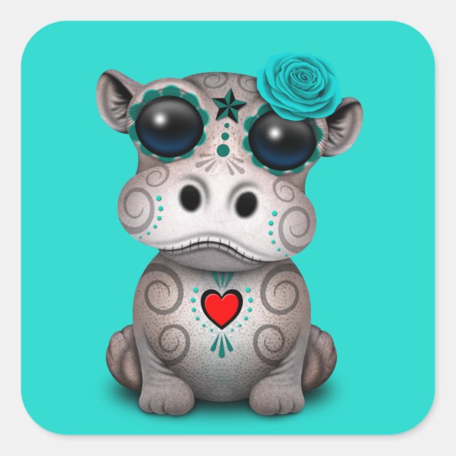 Blue Day of the Dead Baby Hippo Square Sticker (Front)
