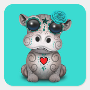 Blue Day of the Dead Baby Hippo Square Sticker