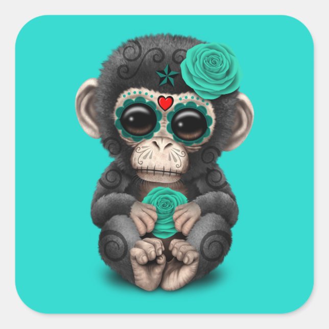 Blue Day of the Dead Chimp Square Sticker (Front)