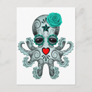 Blue Day of the Dead Sugar Skull Baby Octopus Postcard
