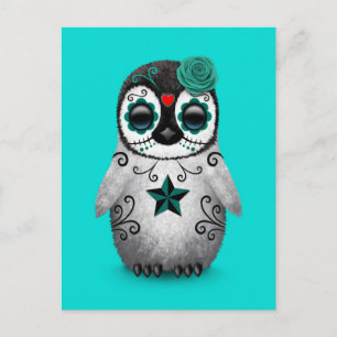 Blue Day of the Dead Sugar Skull Penguin Postcard