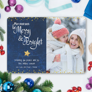 Blue Days Be Merry Bright Gold Glitter Star Photo Holiday Card
