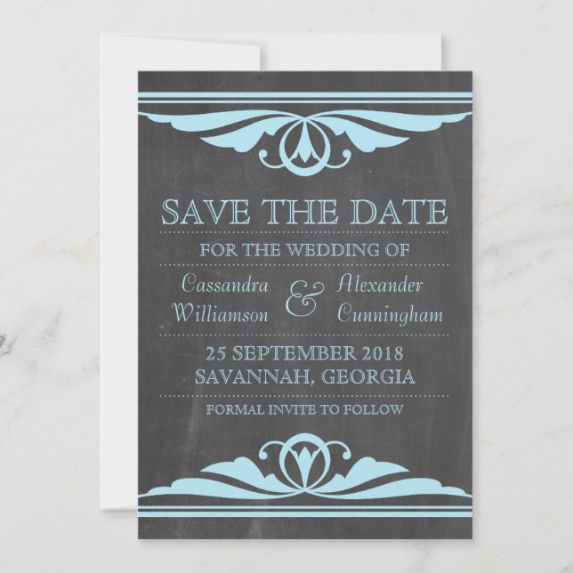 Blue Deco Chalkboard Save the Date Invite (Front)