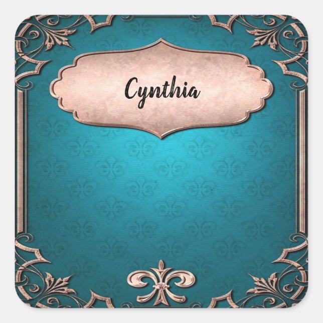 Blue decorative bronze frames square sticker (Front)