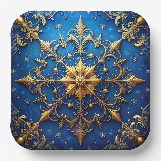 Blue Decorative Christmas Holiday Paper Plate (Front)