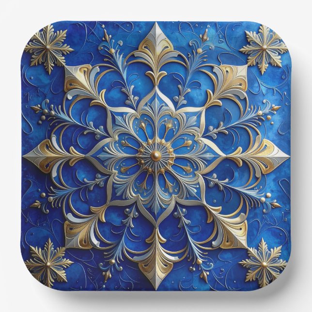 Blue Decorative Christmas Holiday Paper Plate (Front)