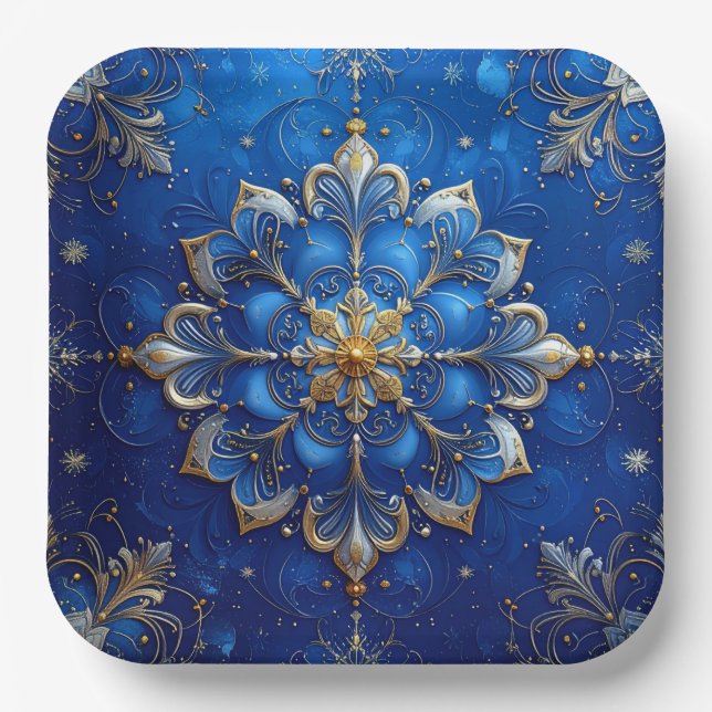 Blue Decorative Christmas Holiday Paper Plate (Front)