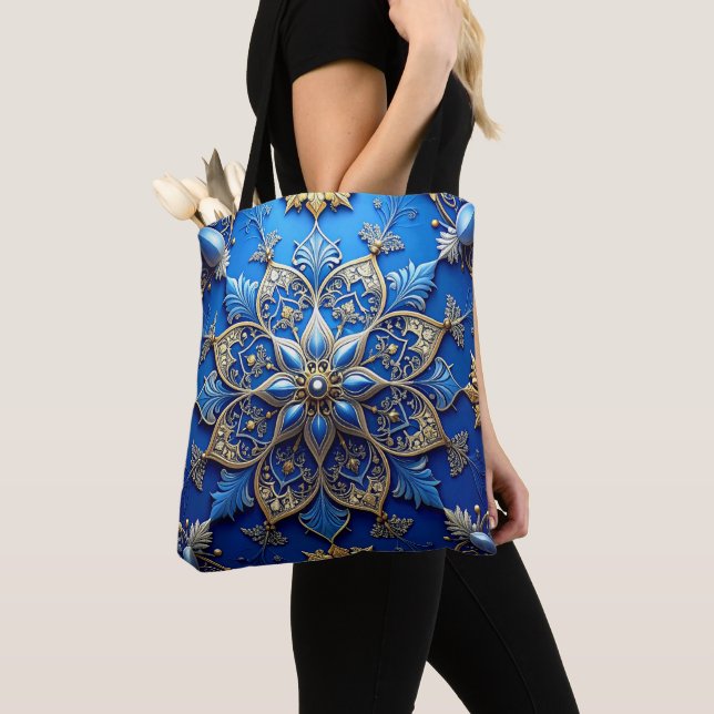 Blue Decorative Christmas Holiday Tote Bag (Close Up)