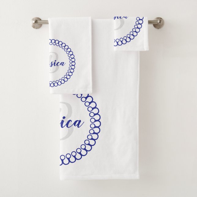 Blue Decorative Circle Monogram Bath Towel Set (Insitu)