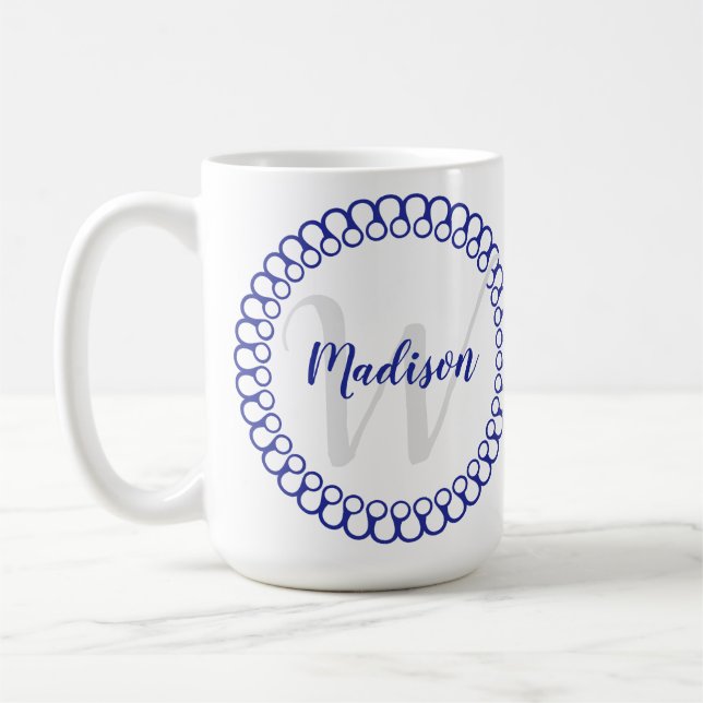 Blue Decorative Circle Personalise Monogram Mug (Left)