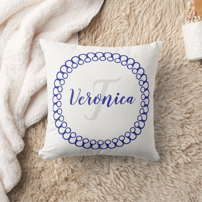 Blue Decorative Circle Personalise Monogram Pillow (Blanket)