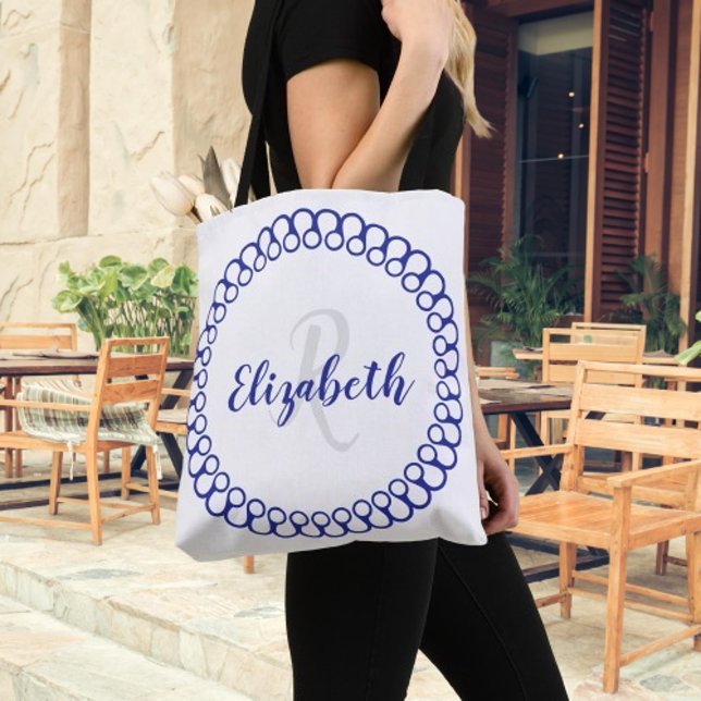 Blue Decorative Circle Personalise Monogram Tote Bag (Blue Decorative Circle Personalize Monogram Tote Bag)