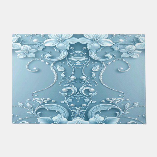 Blue Decorative Floral Doormat (Front)