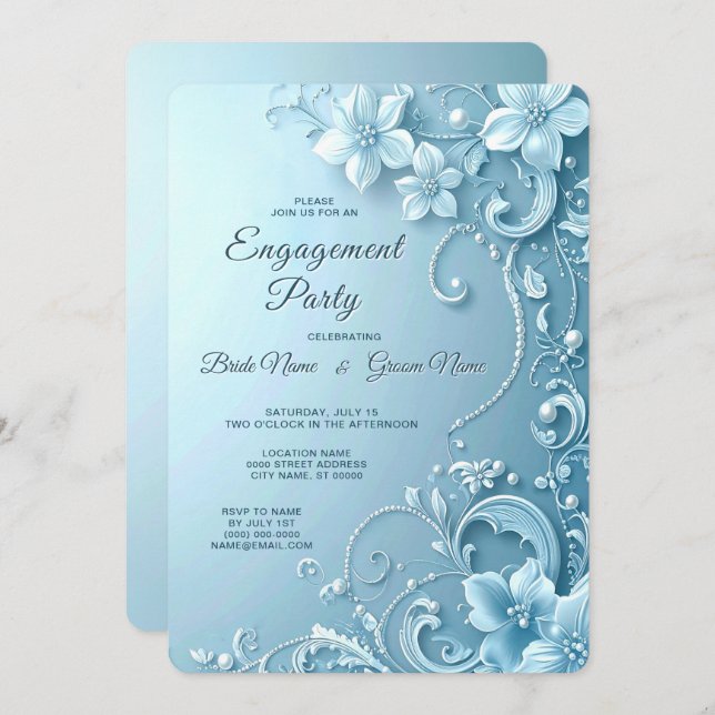 Blue Decorative Floral Engagement Invitation (Front/Back)