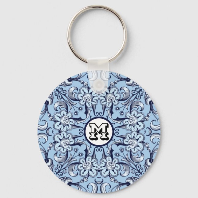 Blue decorative floral ethnic Mandala illustration Key Ring (Front)