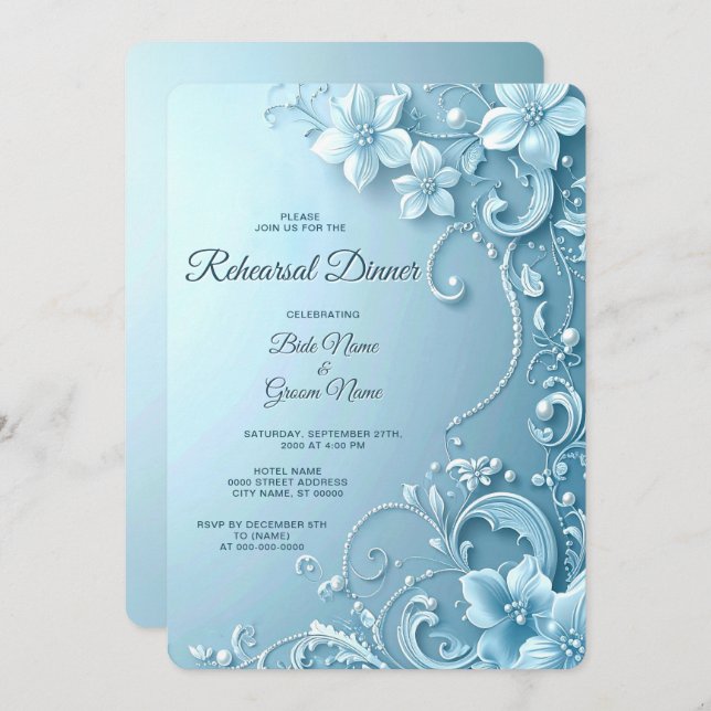 Blue Decorative Floral Rehearsal Dinner Invitation (Front/Back)