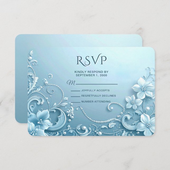 Blue Decorative Floral RSVP Card (Front/Back)