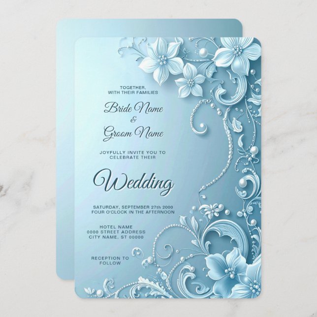Blue Decorative Floral Wedding Invitation (Front/Back)