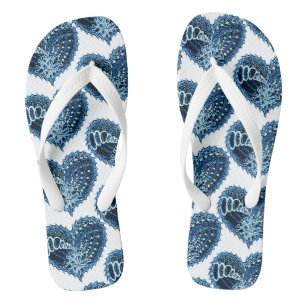 Blue Decorative Love Heart Flip Flops