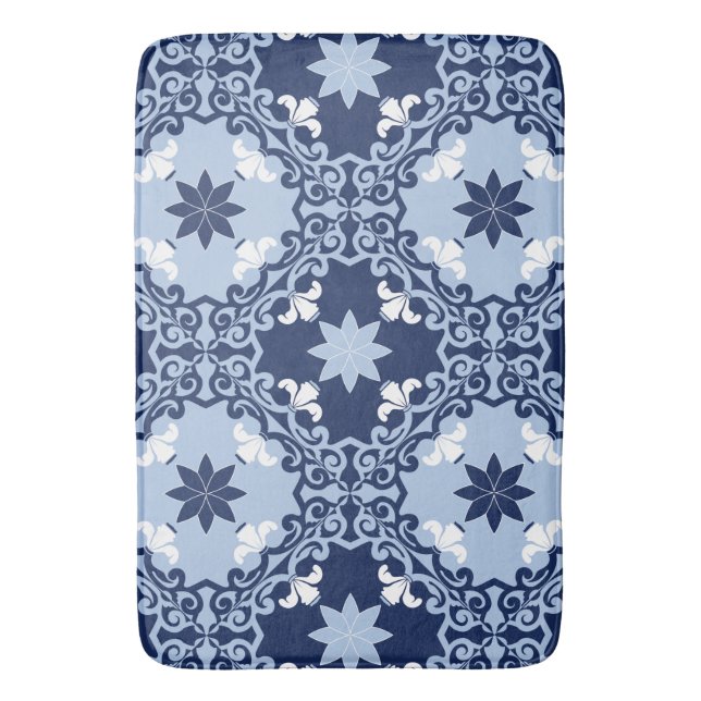 Blue decorative ornamental Moroccan geometric tile Bath Mat (Front Vertical)