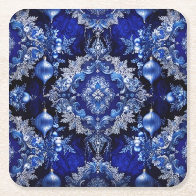 Blue Decorative Ornaments Holiday Paper Coaster (Front)