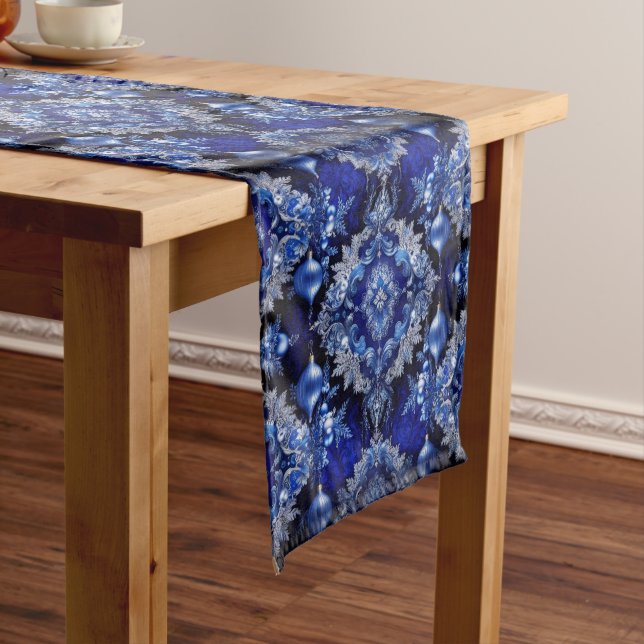 Blue Decorative Ornaments Holiday Table Runner (In Situ)