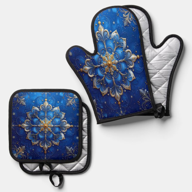 Blue Decorative Oven Mitt & Pot Holder Set (Front/Back)