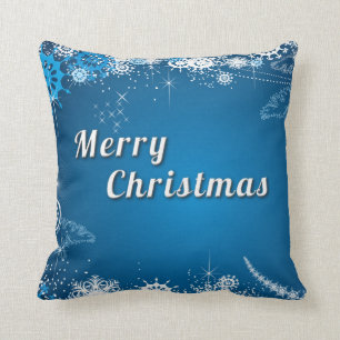 Blue Decorative Snow Glitter Merry Christmas Cushion