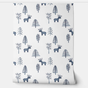 Blue deer & Christmas tree pattern Wallpaper