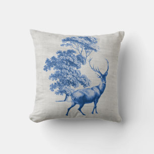 Blue Deer on Grey Canvas Grain Sack Throw Pillow