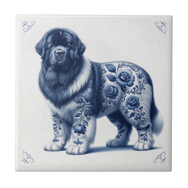 Blue Delft Landseer Newfoundland Tile (Front)
