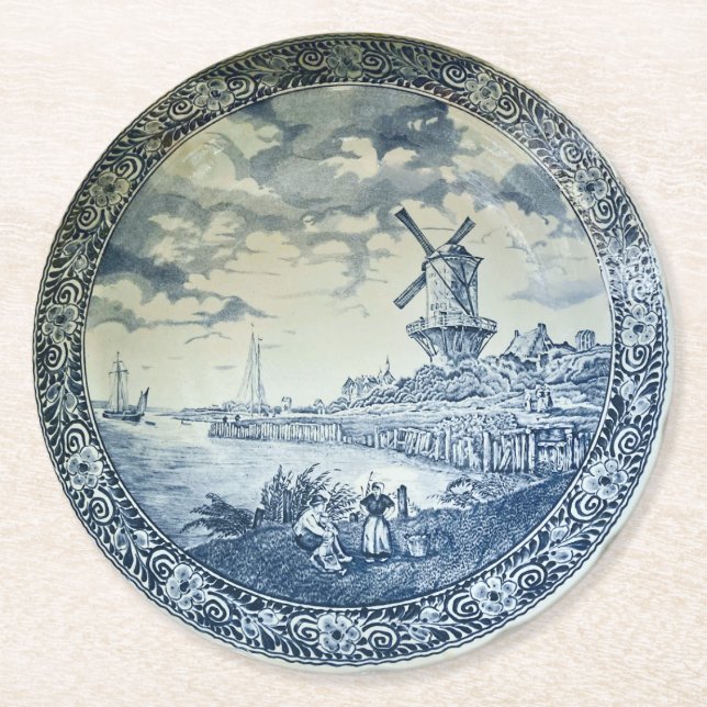 Blue Delft Windmill Dutch Plate Round Paper Coaster (Front)