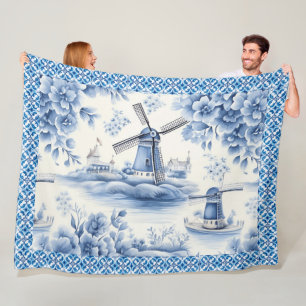 Blue Delft Windmill Floral Tile Border Fleece Blanket