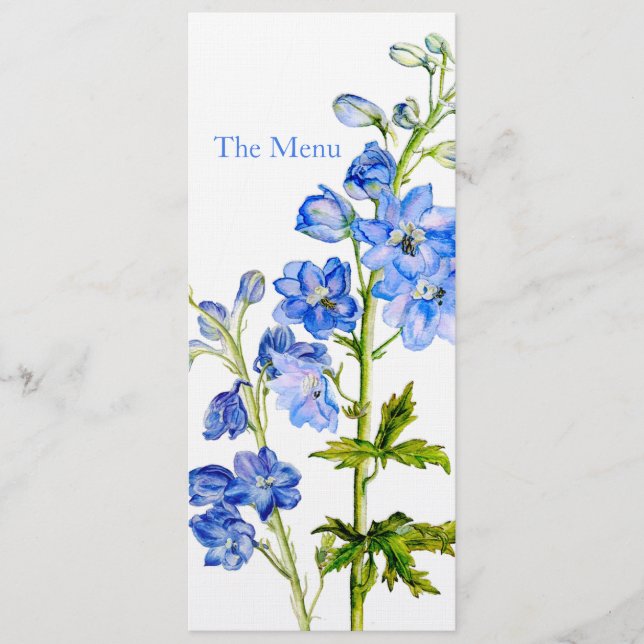 Blue delphinium art wedding dinner menu (Front)