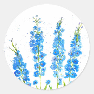 Blue delphinium floral watercolor elegant rustic classic round sticker