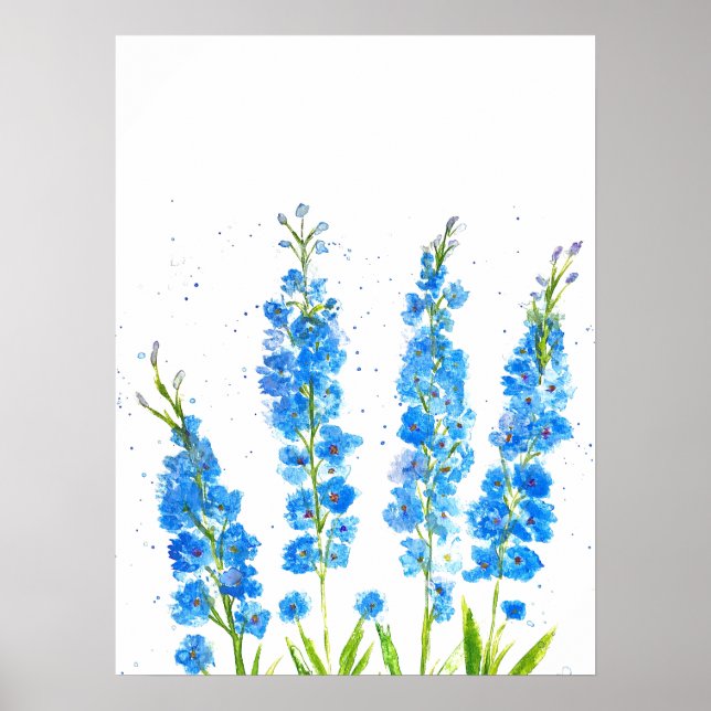 Blue delphinium floral watercolor elegant rustic poster (Front)